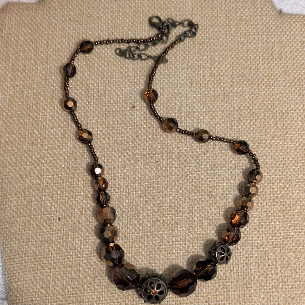 Vintage EsMor Signed Copper Tone and Brown Beaded Necklace